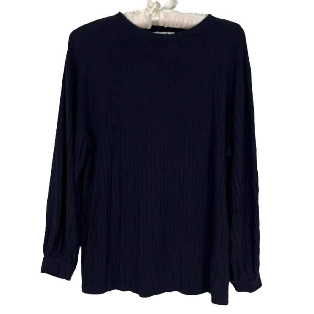 Daily Ritual Black Blouse Ribbed Balloon Bishop Sleeve Flowy Knit Modest Sz XS
